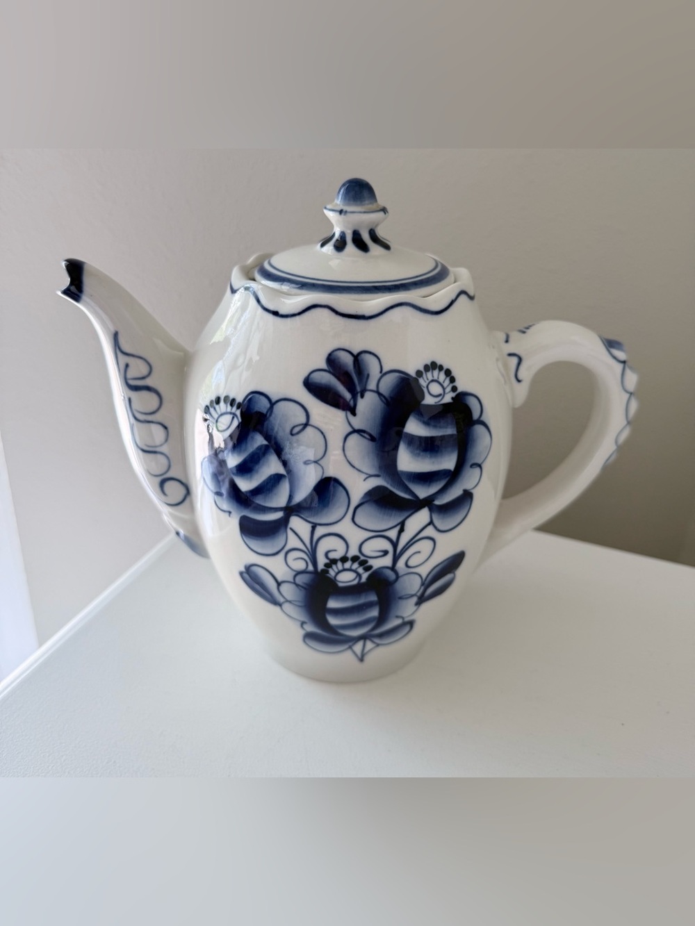 GZHEL Russia | BLUE WHITE Floral PORCELAIN Teapot Handmade